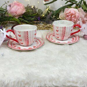 Grace Teaware Red & Pink Hearts Valentines Day Tea Cup & Saucer Set 4PC New